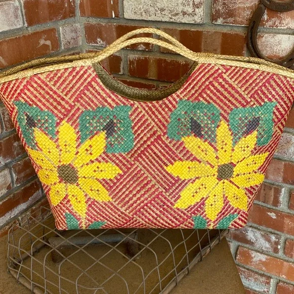Olivia Sunflower Straw Circle Handle Large Tote, Green - Picture 1 of 5